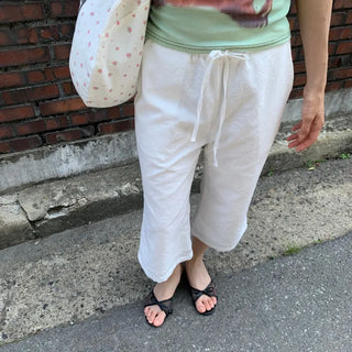 Women's Summer Cotton Pants Embroidered Pattern Straight 34 Length Crop String Pants Chinos