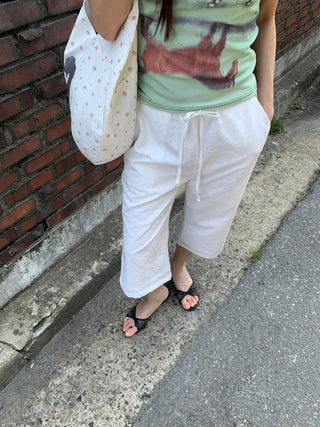 Women's Summer Cotton Pants Embroidered Pattern Straight 34 Length Crop String Pants Chinos