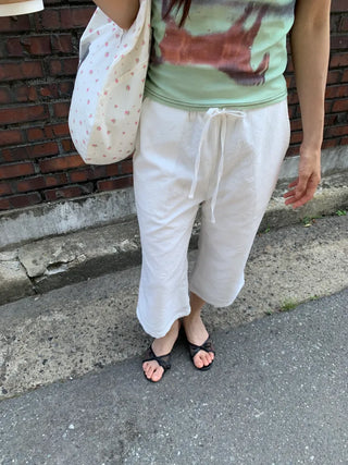 Women's Summer Cotton Pants Embroidered Pattern Straight 34 Length Crop String Pants Chinos