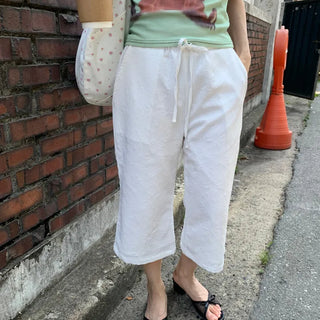 Women's Summer Cotton Pants Embroidered Pattern Straight 34 Length Crop String Pants Chinos