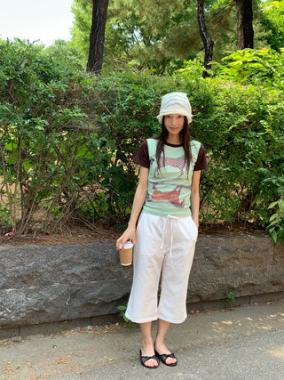 Women's Summer Cotton Pants Embroidered Pattern Straight 34 Length Crop String Pants Chinos