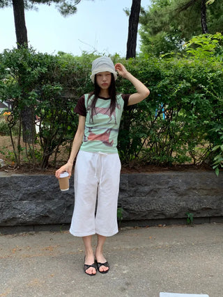 Women's Summer Cotton Pants Embroidered Pattern Straight 34 Length Crop String Pants Chinos