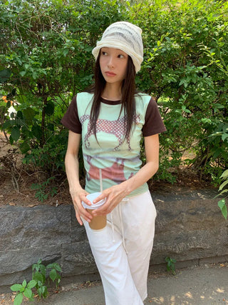 Women's Summer Cotton Pants Embroidered Pattern Straight 34 Length Crop String Pants Chinos
