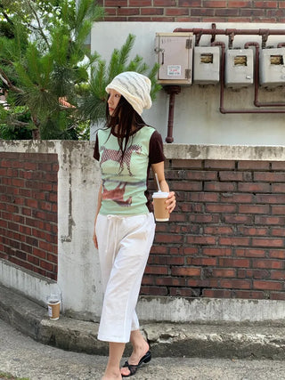 Women's Summer Cotton Pants Embroidered Pattern Straight 34 Length Crop String Pants Chinos