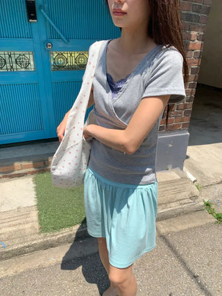 Summer Stretch Wrap Off-Shoulder Short Sleeve T-Shirt, Slim Fit, Standard Length, Unique, Date Look, Casual Look