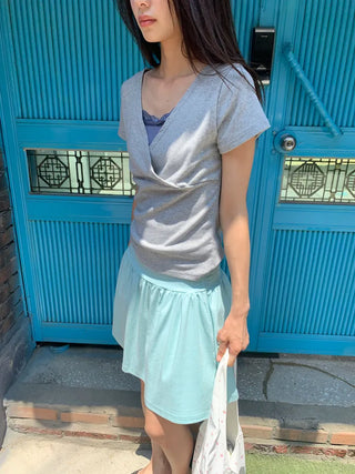 Summer Stretch Wrap Off-Shoulder Short Sleeve T-Shirt, Slim Fit, Standard Length, Unique, Date Look, Casual Look
