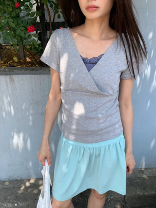 Summer Stretch Wrap Off-Shoulder Short Sleeve T-Shirt, Slim Fit, Standard Length, Unique, Date Look, Casual Look