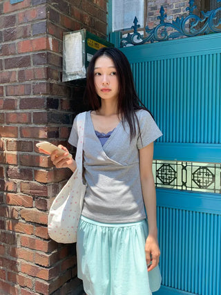 Summer Stretch Wrap Off-Shoulder Short Sleeve T-Shirt, Slim Fit, Standard Length, Unique, Date Look, Casual Look