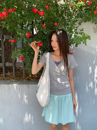 Summer Stretch Wrap Off-Shoulder Short Sleeve T-Shirt, Slim Fit, Standard Length, Unique, Date Look, Casual Look