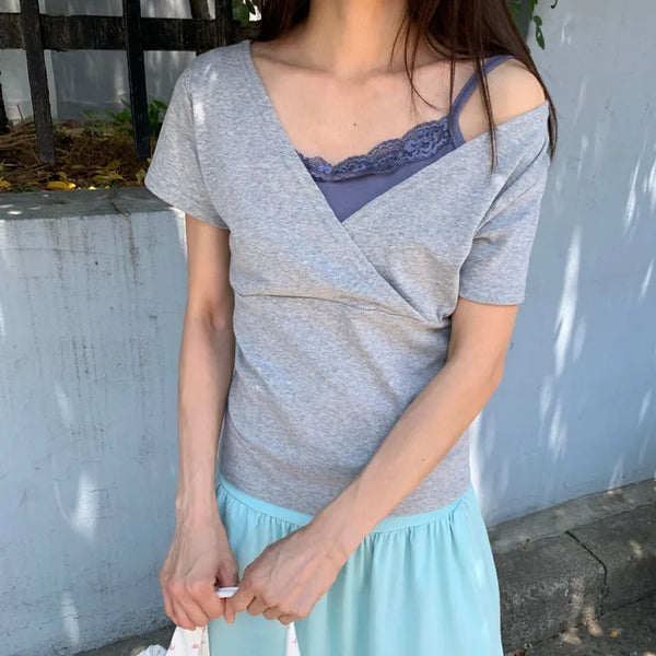 Summer Stretch Wrap Off-Shoulder Short Sleeve T-Shirt, Slim Fit, Standard Length, Unique, Date Look, Casual Look