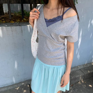 Summer Stretch Wrap Off-Shoulder Short Sleeve T-Shirt, Slim Fit, Standard Length, Unique, Date Look, Casual Look