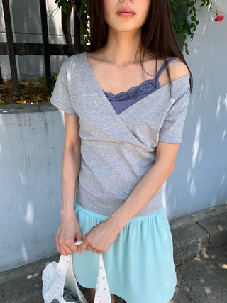 Summer Stretch Wrap Off-Shoulder Short Sleeve T-Shirt, Slim Fit, Standard Length, Unique, Date Look, Casual Look