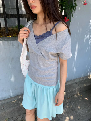 Summer Stretch Wrap Off-Shoulder Short Sleeve T-Shirt, Slim Fit, Standard Length, Unique, Date Look, Casual Look