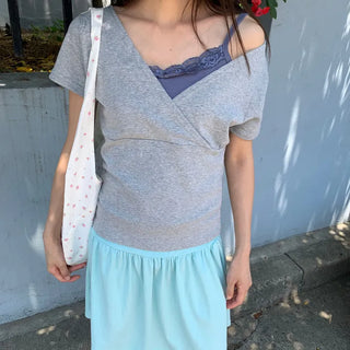 Summer Stretch Wrap Off-Shoulder Short Sleeve T-Shirt, Slim Fit, Standard Length, Unique, Date Look, Casual Look