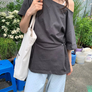 Summer Cotton Off-shoulder Short-sleeve T-shirt Midi Length Vintage Kitsch Asymmetrical Daily Look Casual Look
