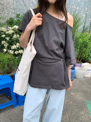 Summer Cotton Off-shoulder Short-sleeve T-shirt Midi Length Vintage Kitsch Asymmetrical Daily Look Casual Look
