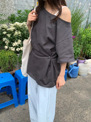 Summer Cotton Off-shoulder Short-sleeve T-shirt Midi Length Vintage Kitsch Asymmetrical Daily Look Casual Look