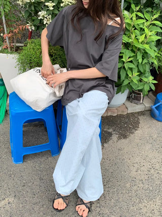 Summer Cotton Off-shoulder Short-sleeve T-shirt Midi Length Vintage Kitsch Asymmetrical Daily Look Casual Look
