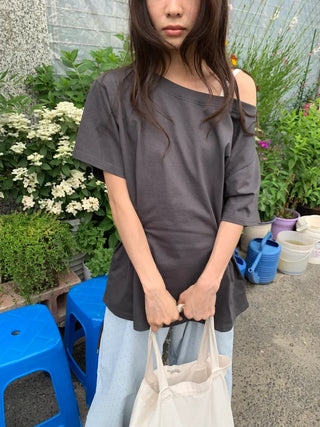 Summer Cotton Off-shoulder Short-sleeve T-shirt Midi Length Vintage Kitsch Asymmetrical Daily Look Casual Look
