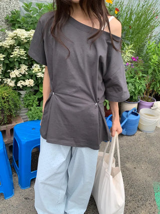 Summer Cotton Off-shoulder Short-sleeve T-shirt Midi Length Vintage Kitsch Asymmetrical Daily Look Casual Look