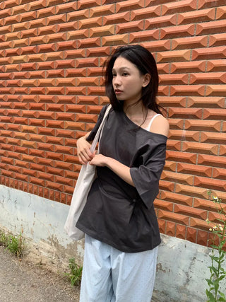 Summer Cotton Off-shoulder Short-sleeve T-shirt Midi Length Vintage Kitsch Asymmetrical Daily Look Casual Look