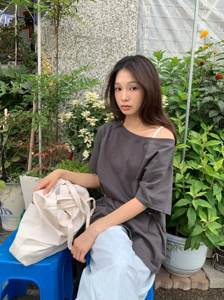 Summer Cotton Off-shoulder Short-sleeve T-shirt Midi Length Vintage Kitsch Asymmetrical Daily Look Casual Look