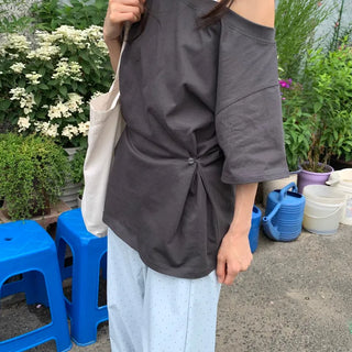 Summer Cotton Off-shoulder Short-sleeve T-shirt Midi Length Vintage Kitsch Asymmetrical Daily Look Casual Look