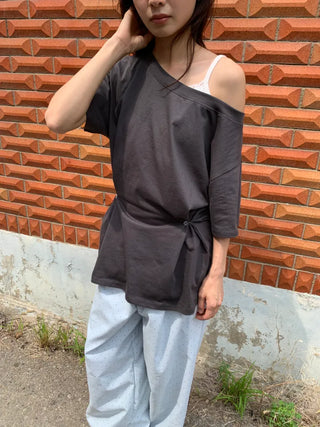Summer Cotton Off-shoulder Short-sleeve T-shirt Midi Length Vintage Kitsch Asymmetrical Daily Look Casual Look