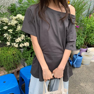 Summer Cotton Off-shoulder Short-sleeve T-shirt Midi Length Vintage Kitsch Asymmetrical Daily Look Casual Look