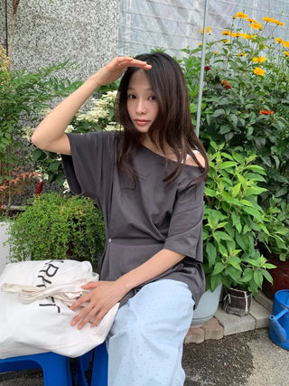 Summer Cotton Off-shoulder Short-sleeve T-shirt Midi Length Vintage Kitsch Asymmetrical Daily Look Casual Look