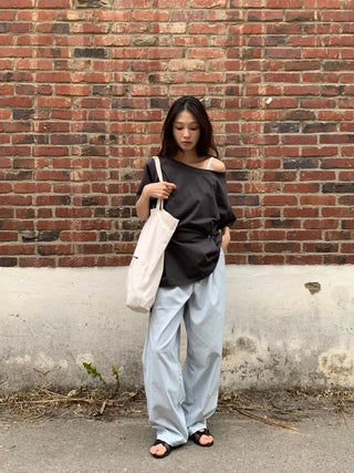Summer Cotton Off-shoulder Short-sleeve T-shirt Midi Length Vintage Kitsch Asymmetrical Daily Look Casual Look