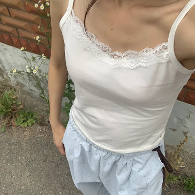 Summer Cotton Lace Sleeveless Camisole Slim Fit Standard Length Balletcore Vintage Layered Look Date Look