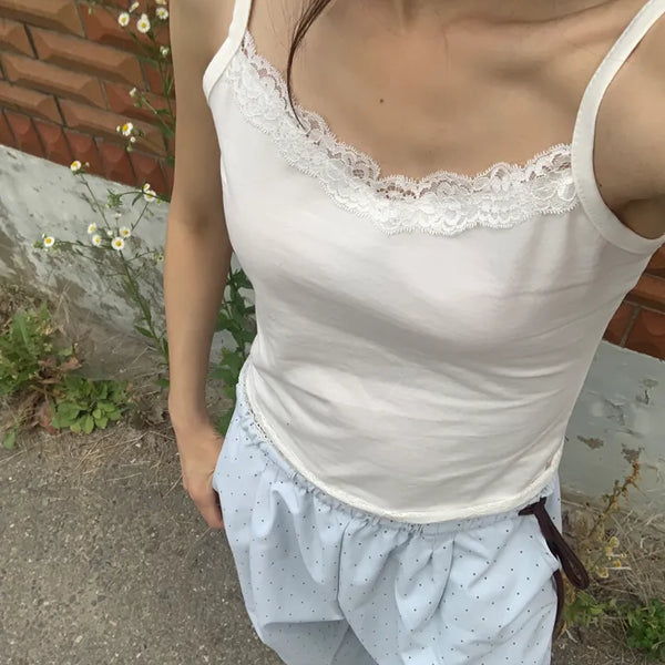 Summer Cotton Lace Sleeveless Camisole Slim Fit Standard Length Balletcore Vintage Layered Look Date Look