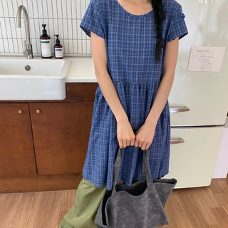 Summer Cotton Check Dress Loose Fit Midi Length Vintage Amekaji Mori Girl Casual Look Picnic Look