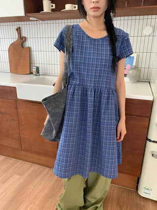 Summer Cotton Check Dress Loose Fit Midi Length Vintage Amekaji Mori Girl Casual Look Picnic Look
