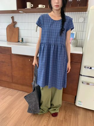 Summer Cotton Check Dress Loose Fit Midi Length Vintage Amekaji Mori Girl Casual Look Picnic Look