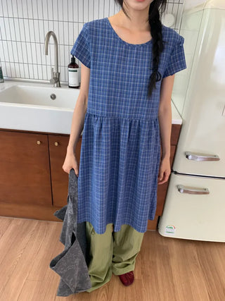 Summer Cotton Check Dress Loose Fit Midi Length Vintage Amekaji Mori Girl Casual Look Picnic Look