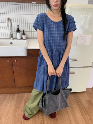 Summer Cotton Check Dress Loose Fit Midi Length Vintage Amekaji Mori Girl Casual Look Picnic Look