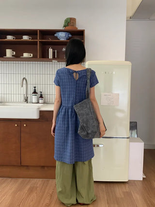 Summer Cotton Check Dress Loose Fit Midi Length Vintage Amekaji Mori Girl Casual Look Picnic Look