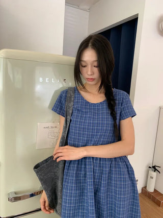 Summer Cotton Check Dress Loose Fit Midi Length Vintage Amekaji Mori Girl Casual Look Picnic Look
