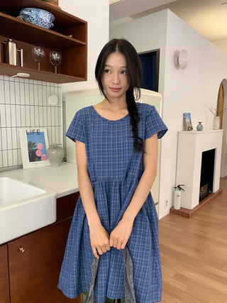 Summer Cotton Check Dress Loose Fit Midi Length Vintage Amekaji Mori Girl Casual Look Picnic Look