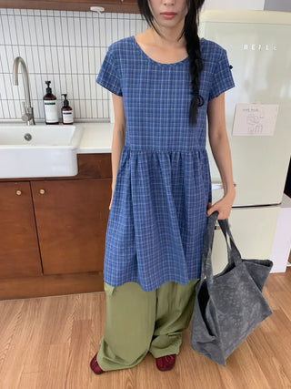Summer Cotton Check Dress Loose Fit Midi Length Vintage Amekaji Mori Girl Casual Look Picnic Look