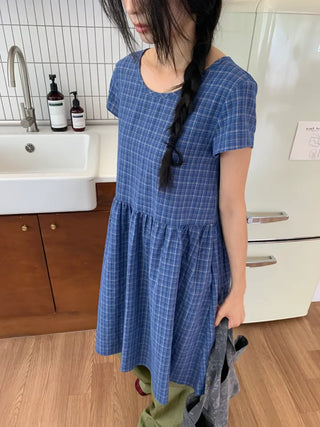 Summer Cotton Check Dress Loose Fit Midi Length Vintage Amekaji Mori Girl Casual Look Picnic Look