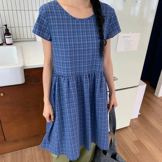 Summer Cotton Check Dress Loose Fit Midi Length Vintage Amekaji Mori Girl Casual Look Picnic Look