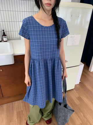 Summer Cotton Check Dress Loose Fit Midi Length Vintage Amekaji Mori Girl Casual Look Picnic Look