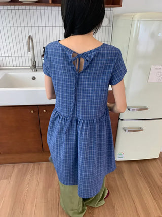 Summer Cotton Check Dress Loose Fit Midi Length Vintage Amekaji Mori Girl Casual Look Picnic Look
