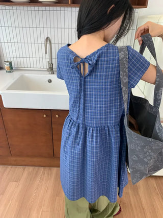 Summer Cotton Check Dress Loose Fit Midi Length Vintage Amekaji Mori Girl Casual Look Picnic Look