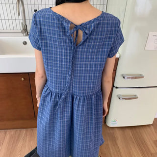 Summer Cotton Check Dress Loose Fit Midi Length Vintage Amekaji Mori Girl Casual Look Picnic Look