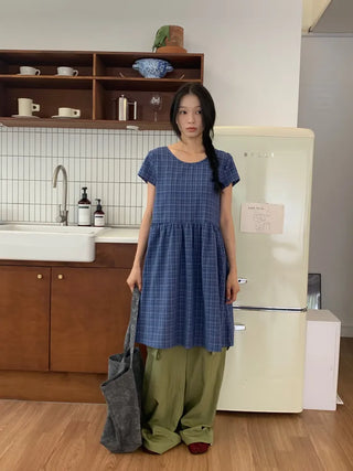 Summer Cotton Check Dress Loose Fit Midi Length Vintage Amekaji Mori Girl Casual Look Picnic Look