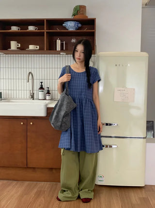 Summer Cotton Check Dress Loose Fit Midi Length Vintage Amekaji Mori Girl Casual Look Picnic Look